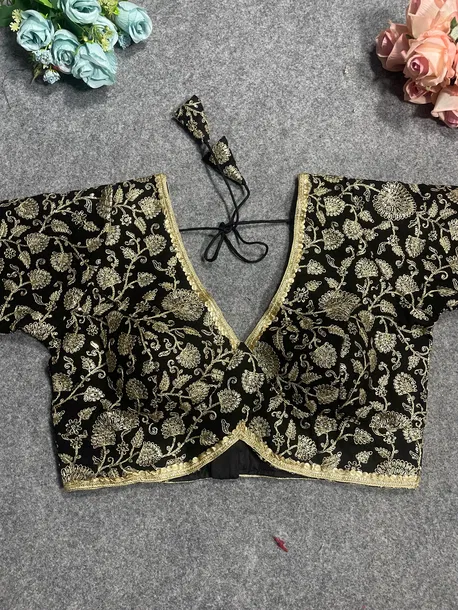 Black Thread Work Deep Neck Embroidered Blouse