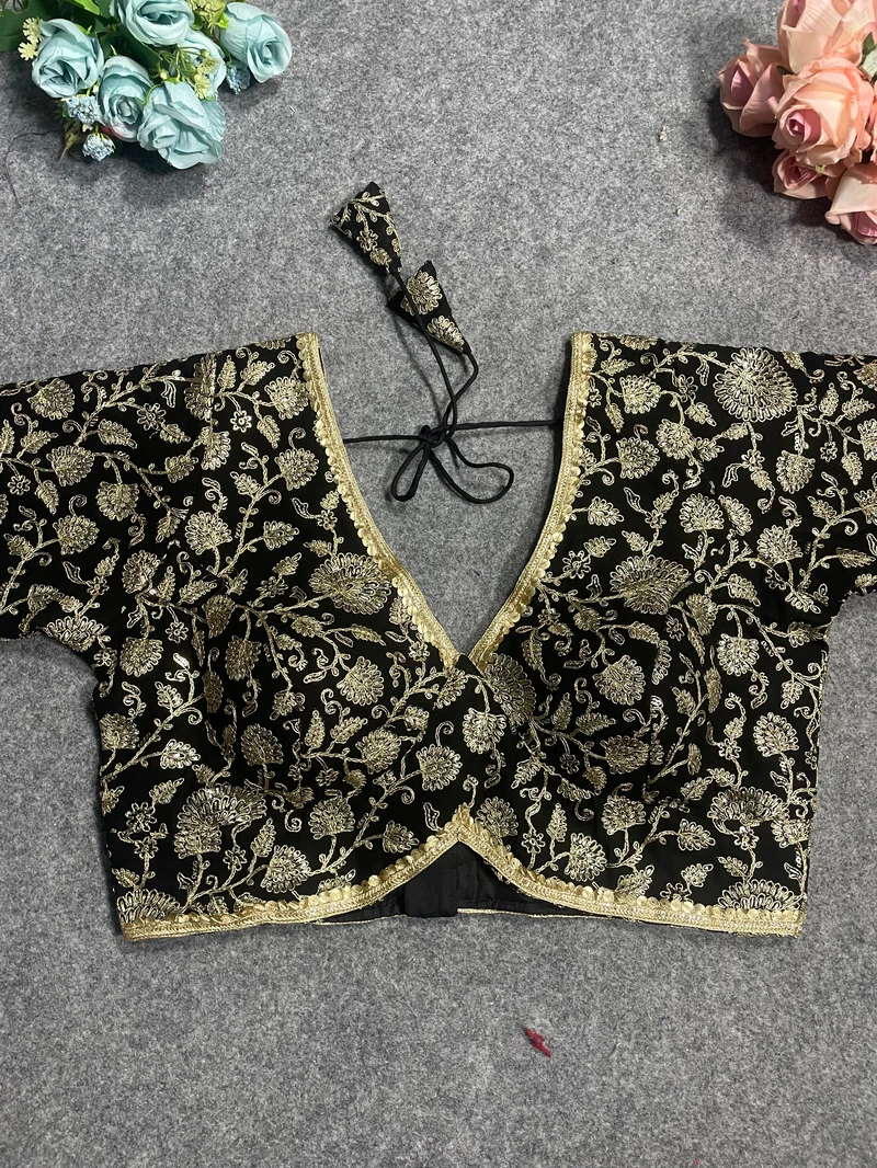 Black Thread Work Deep Neck Embroidered Blouse