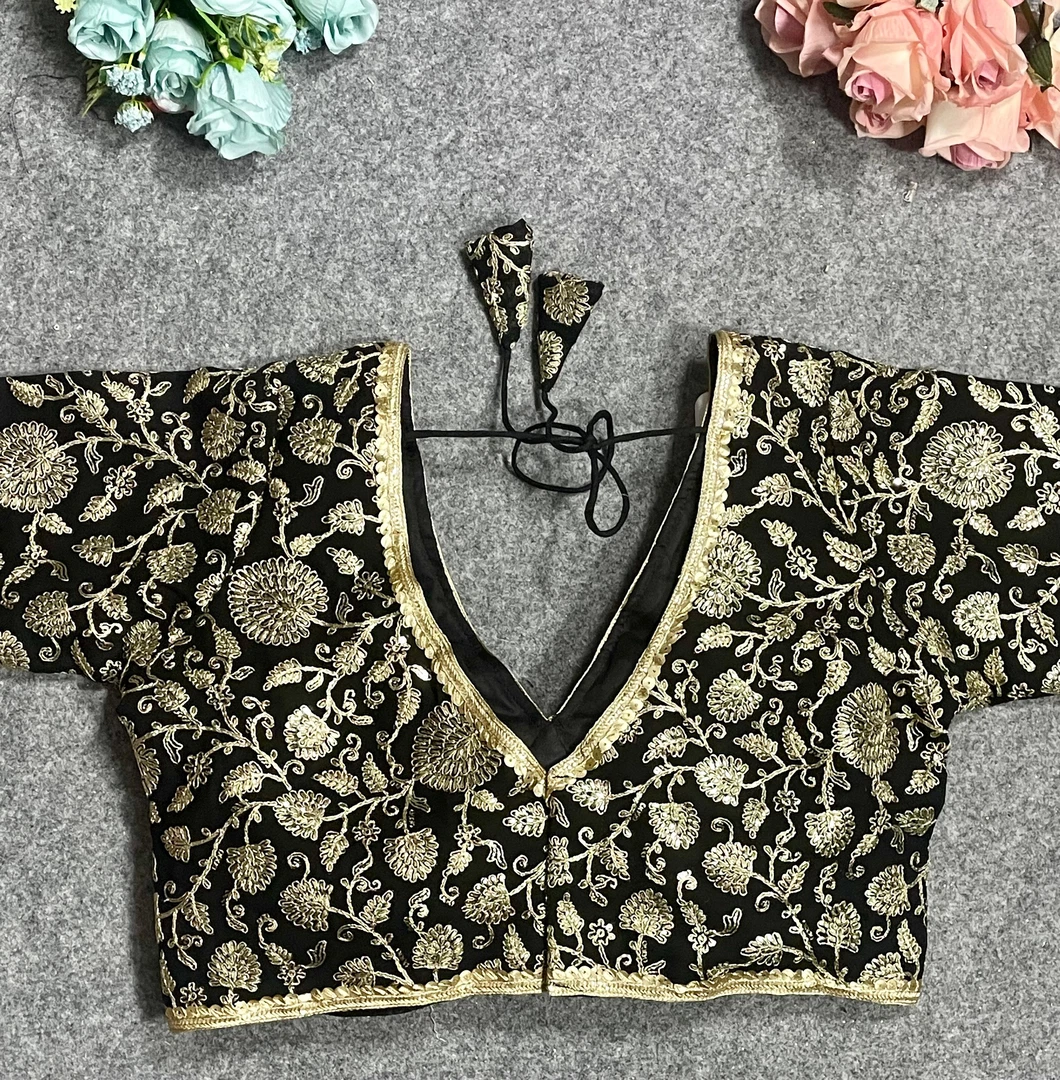 Black Thread Work Deep Neck Embroidered Blouse