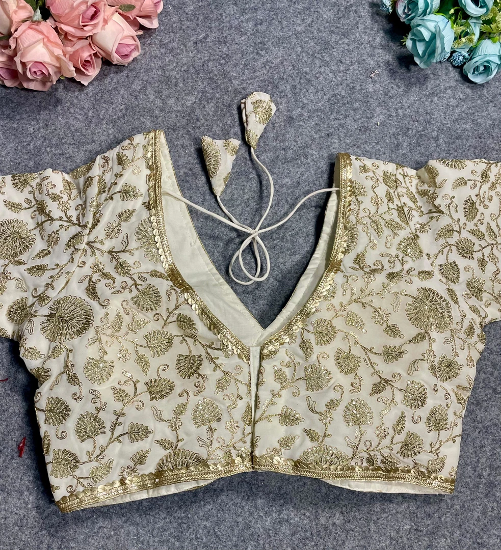 White Thread Work Deep Neck Embroidered Blouse