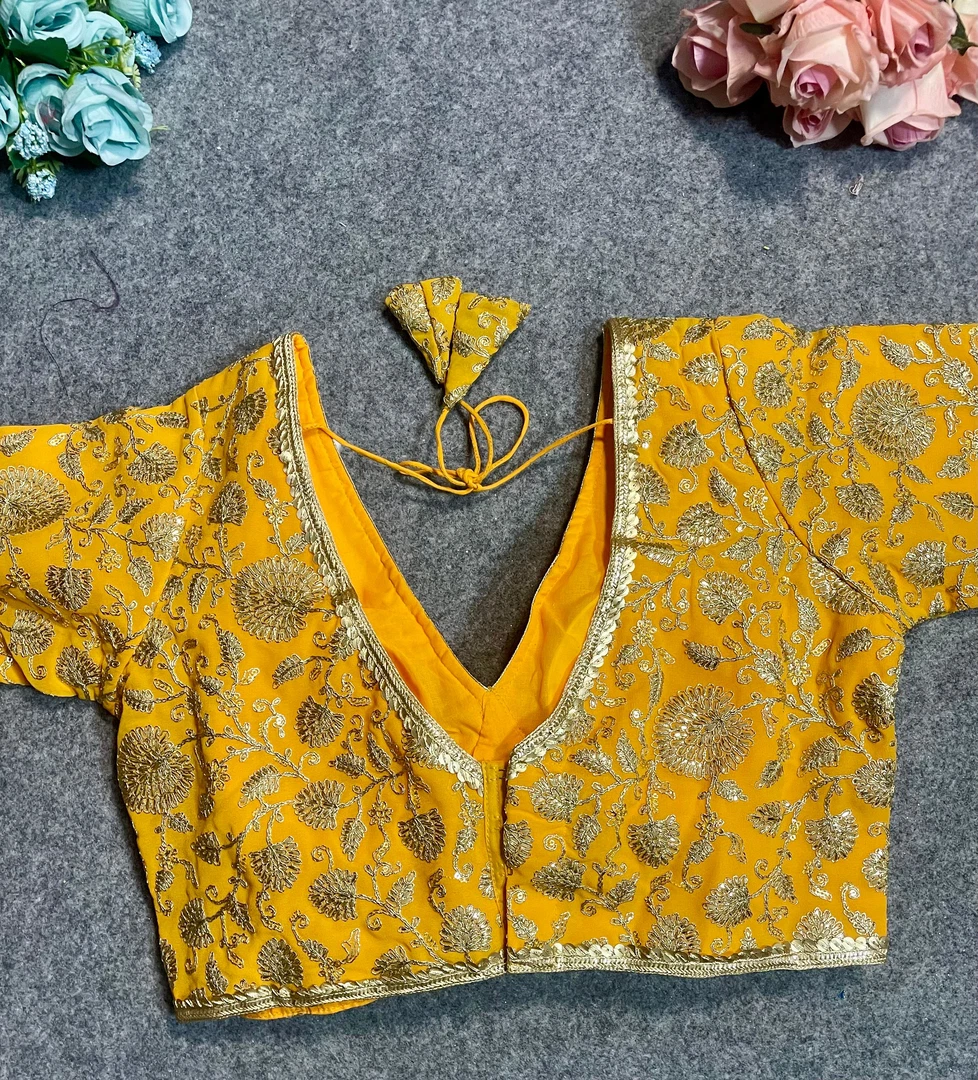 Mustard Thread Work Deep Neck Embroidered Blouse