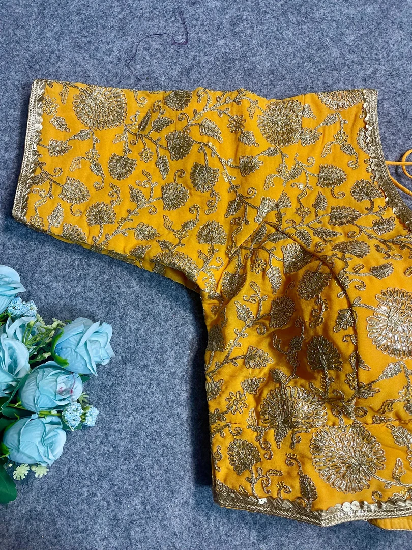 Mustard Thread Work Deep Neck Embroidered Blouse