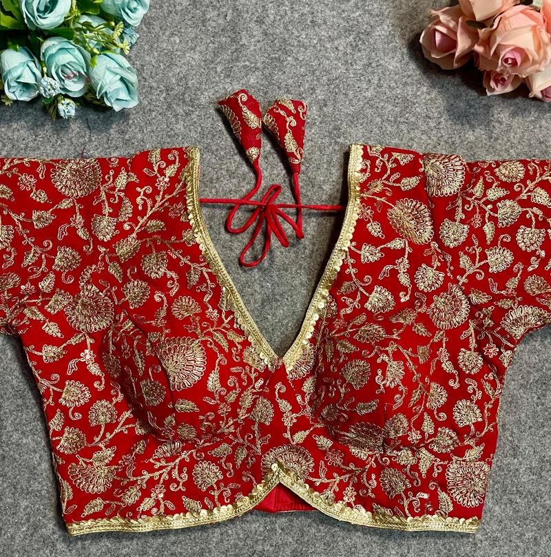 Red Thread Work Deep Neck Embroidered Blouse