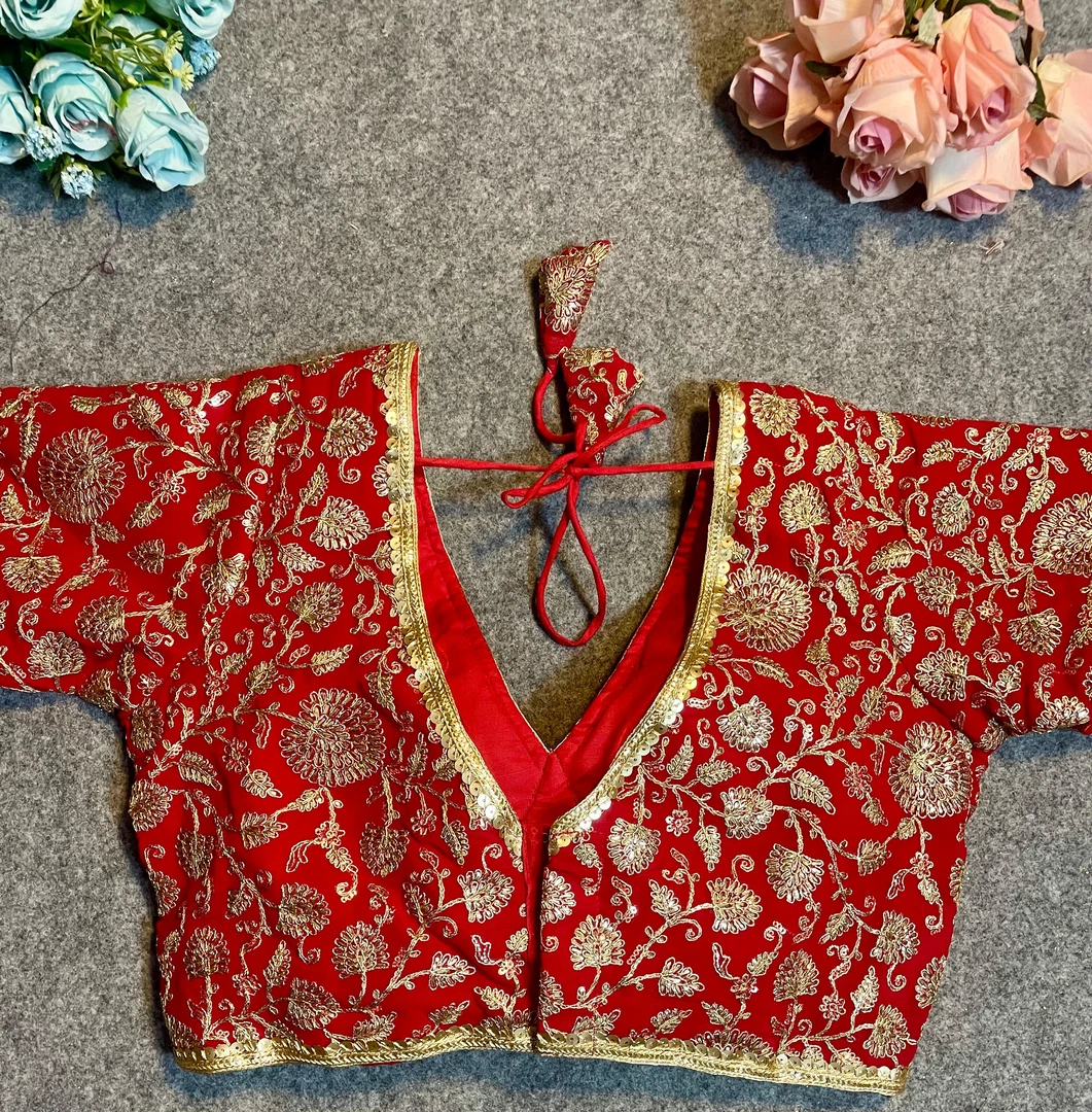 Red Thread Work Deep Neck Embroidered Blouse