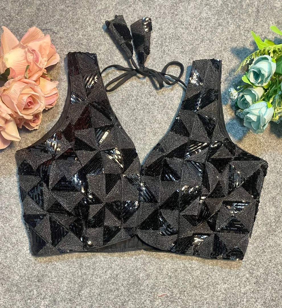 Black Deep Neck Partywear Sequence Blouse.