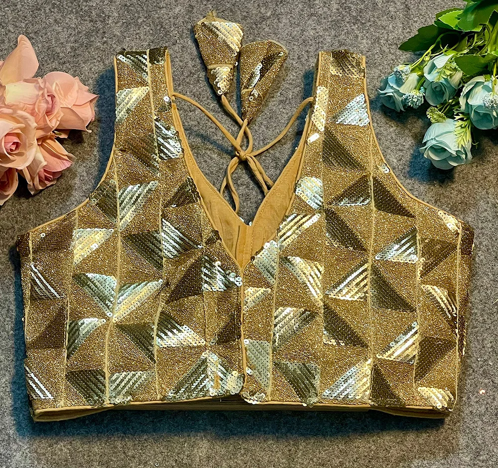 Golden Deep Neck Partywear Sequence Blouse. — view 3