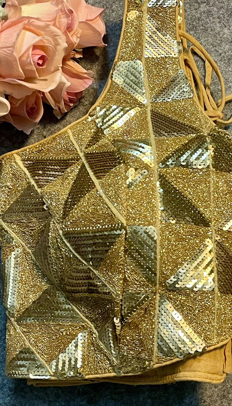 Golden Deep Neck Partywear Sequence Blouse. — view 2