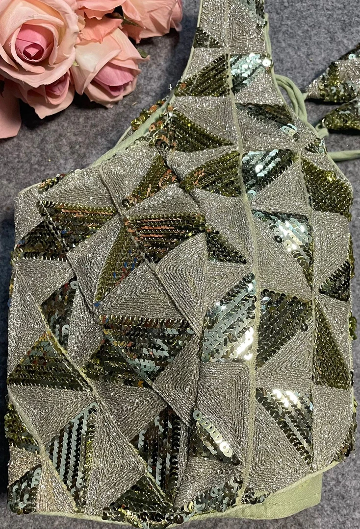 Pista Green Deep Neck Partywear Sequence Blouse