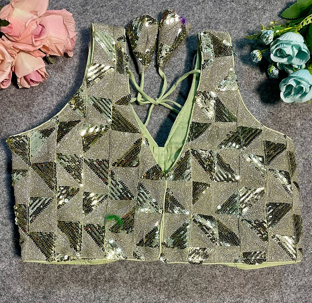 Pista Green Deep Neck Partywear Sequence Blouse — view 3