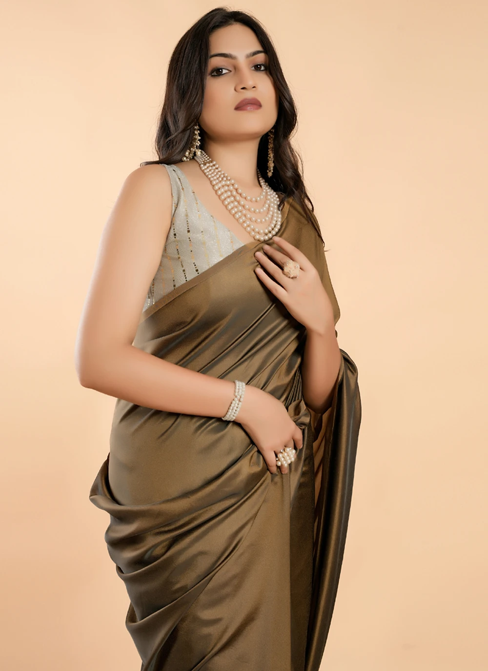 Olive Brown No Border Burfi Silk Saree With Blouse — view 4