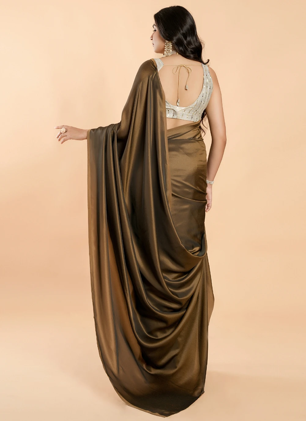Olive Brown No Border Burfi Silk Saree With Blouse — view 3