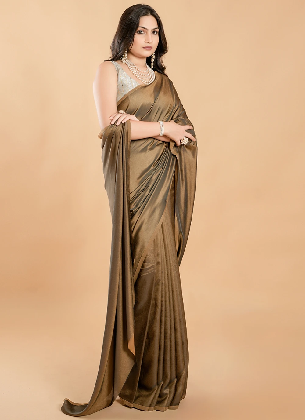 Olive Brown No Border Burfi Silk Saree With Blouse — view 1