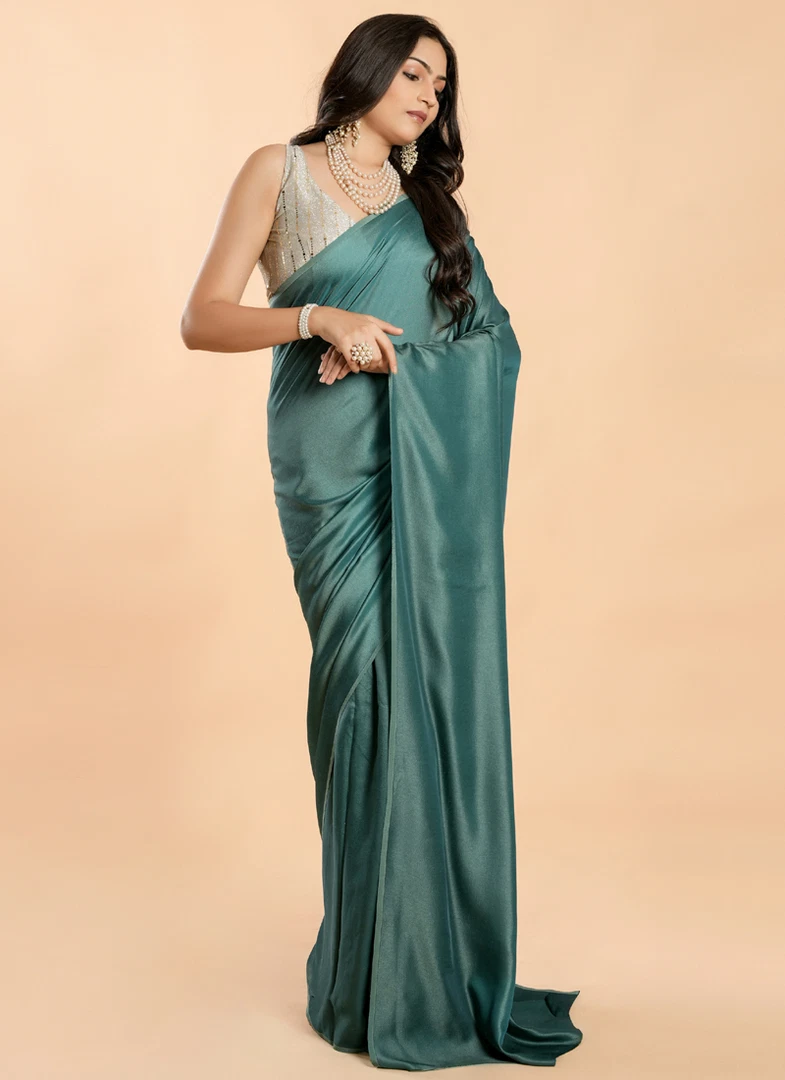 Turquoise No Border Burfi Silk Saree With Blouse