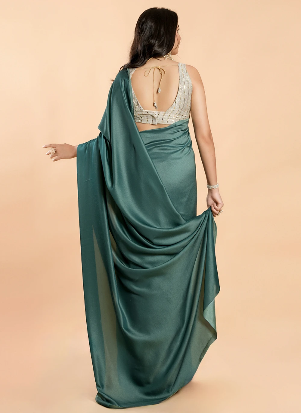 Turquoise No Border Burfi Silk Saree With Blouse — view 3