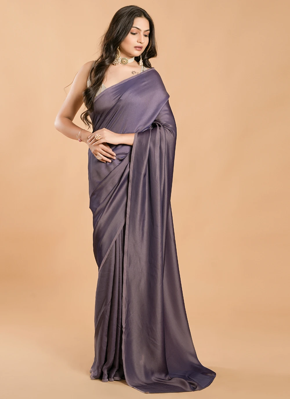 Purple No Border Burfi Silk Saree With Blouse — view 1