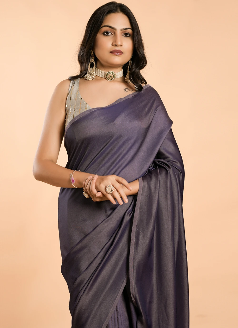 Purple No Border Burfi Silk Saree With Blouse — view 4