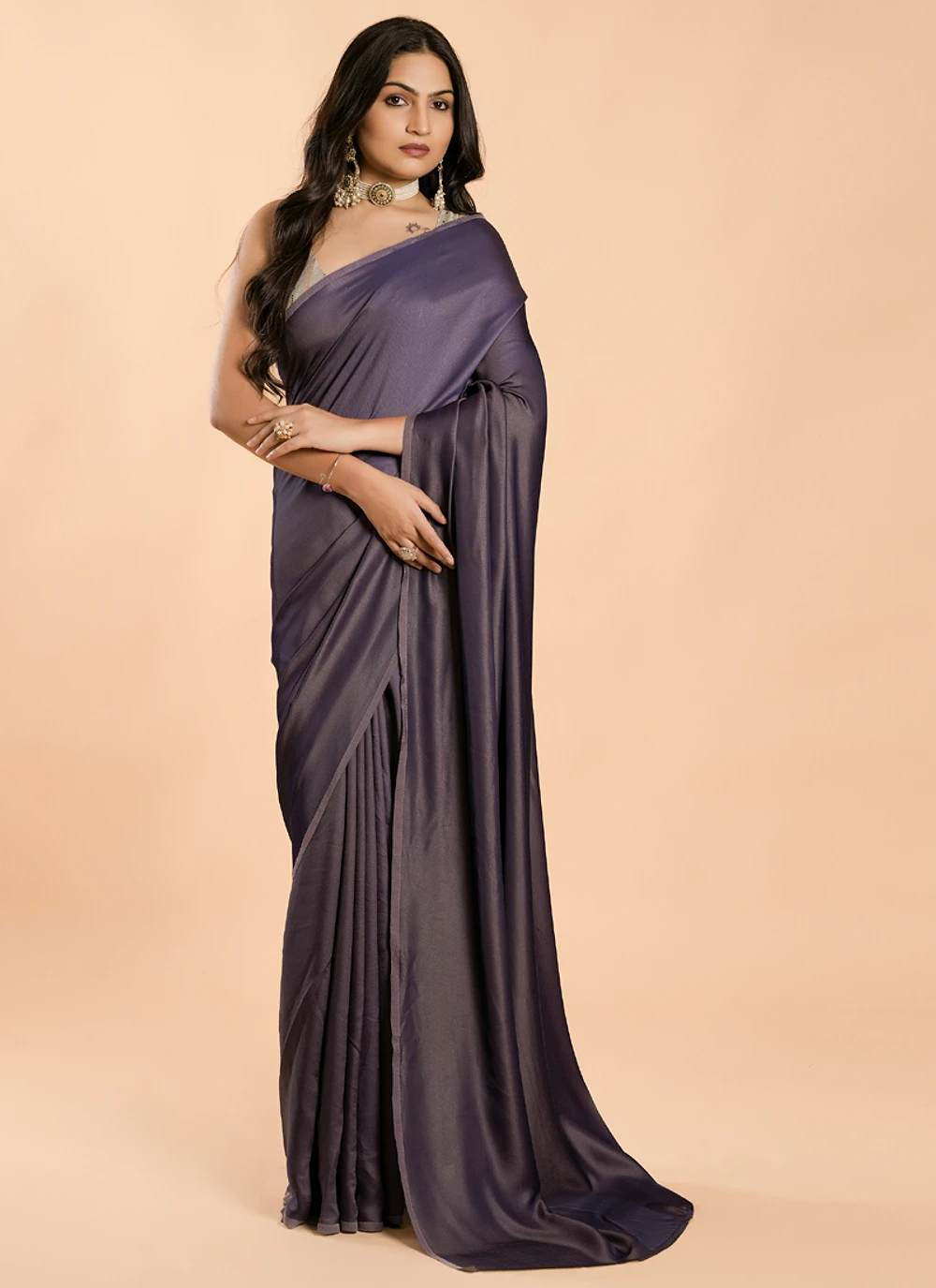 Purple No Border Burfi Silk Saree With Blouse — view 2