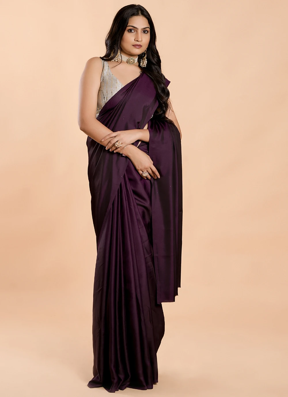 Plum Purple No Border Burfi Silk Saree With Blouse — view 1