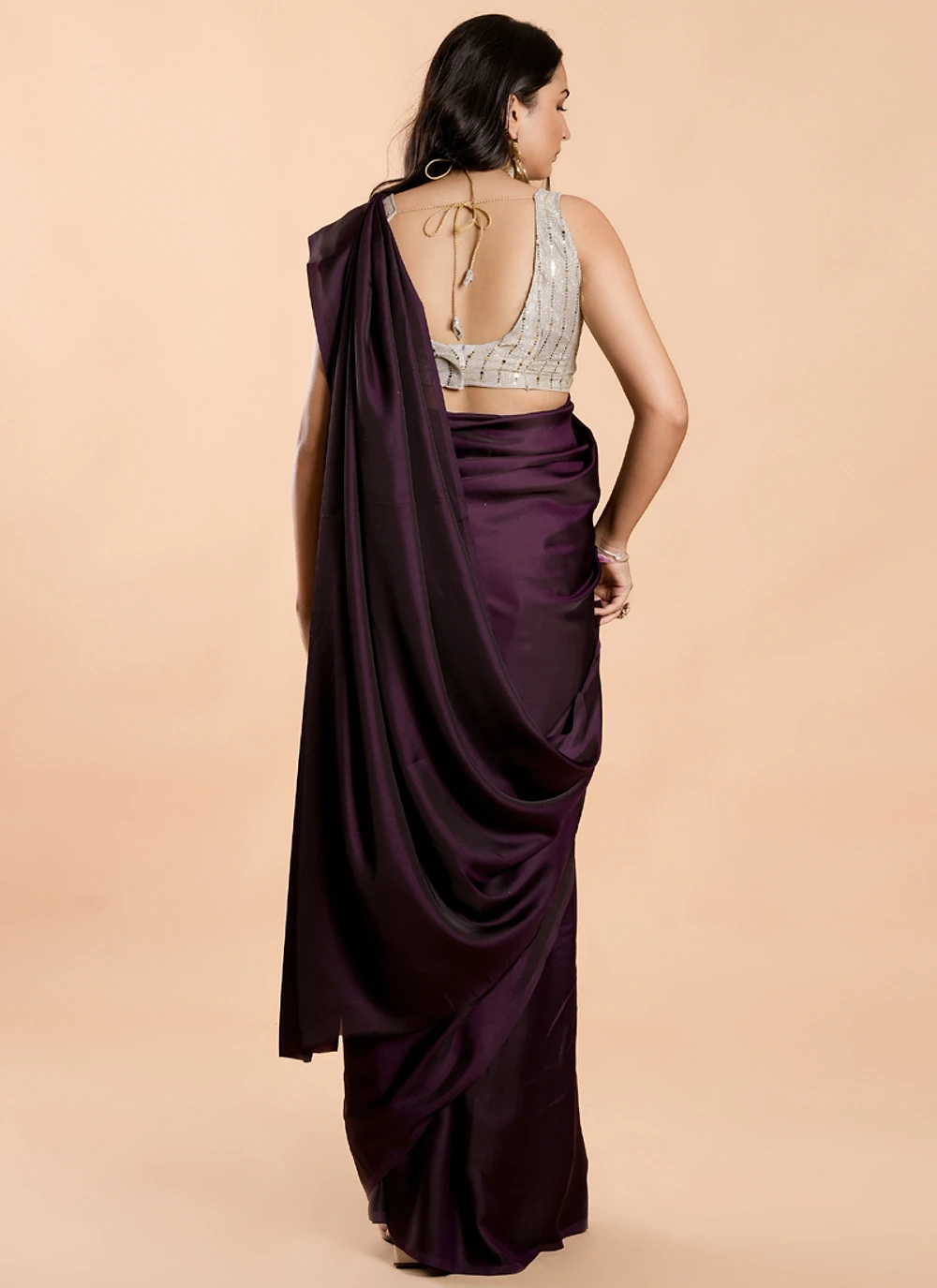 Plum Purple No Border Burfi Silk Saree With Blouse — view 2