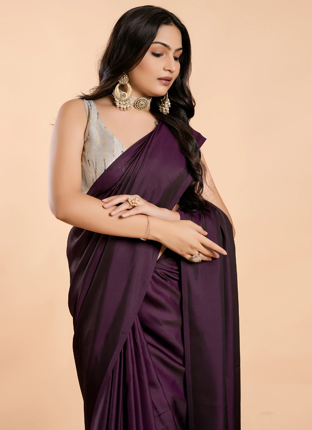 Plum Purple No Border Burfi Silk Saree With Blouse — view 3