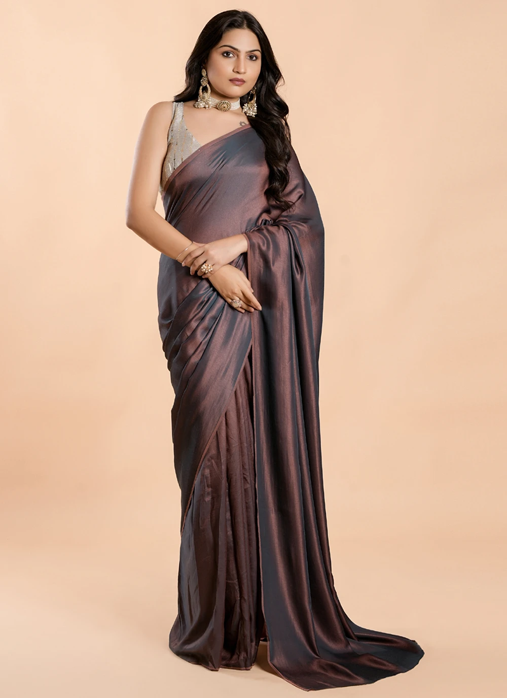 Mauve Brown No Border Burfi Silk Saree With Blouse — view 1