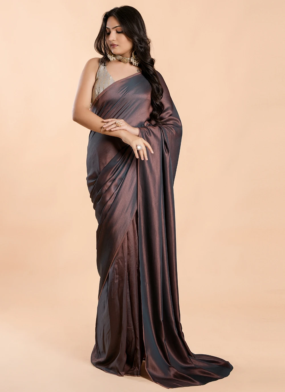 Mauve Brown No Border Burfi Silk Saree With Blouse — view 2