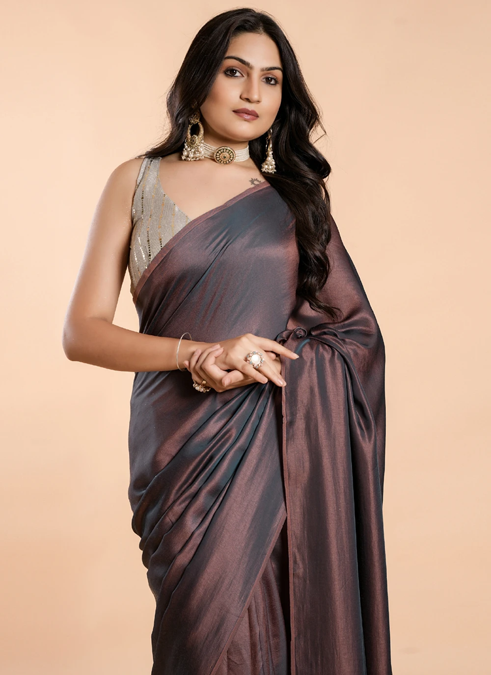 Mauve Brown No Border Burfi Silk Saree With Blouse — view 3