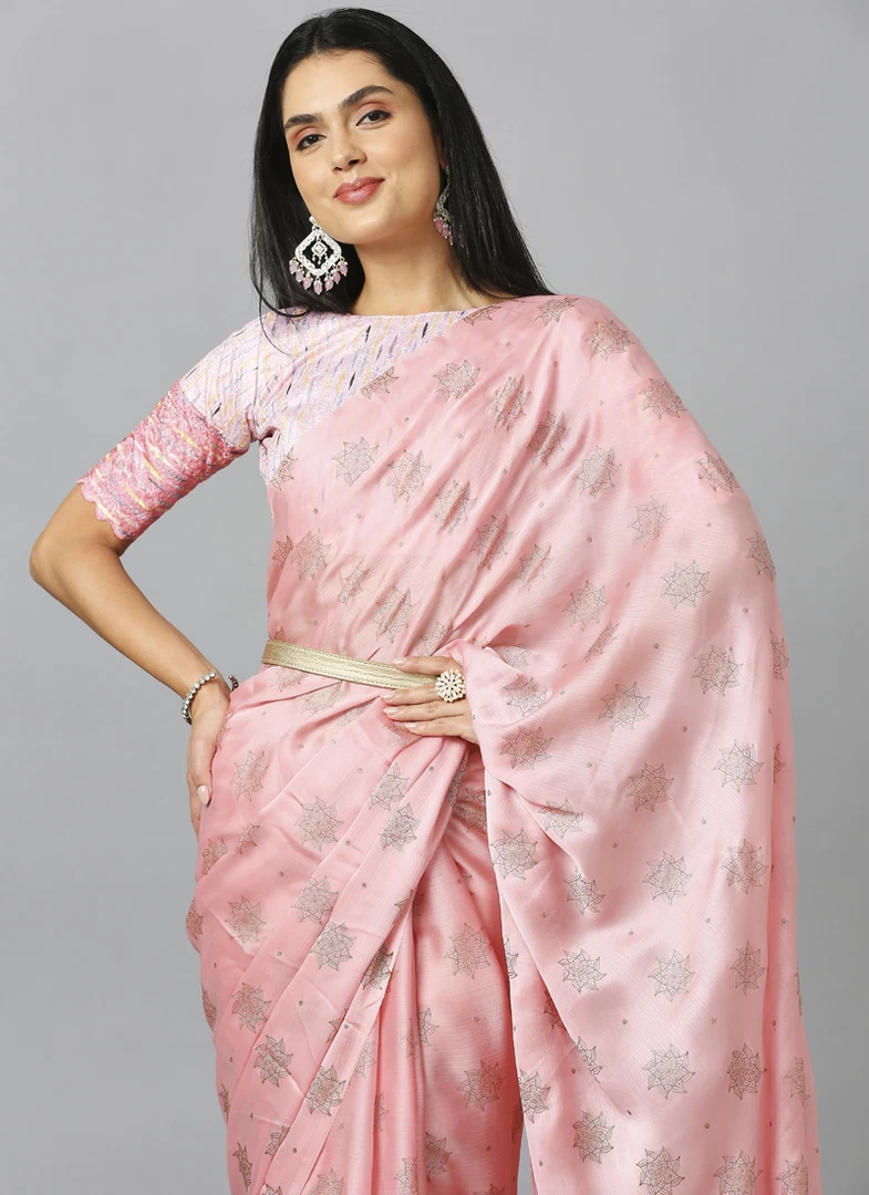 Baby Pink Embellished Schiffli Pure Chiffon Saree With Blouse