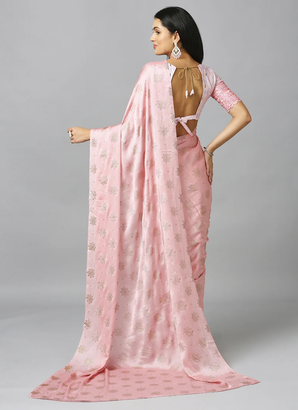 Baby Pink Embellished Schiffli Pure Chiffon Saree With Blouse — view 3