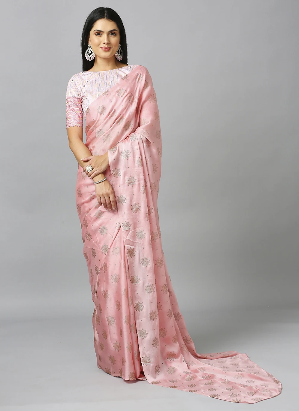 Baby Pink Embellished Schiffli Pure Chiffon Saree With Blouse — view 1