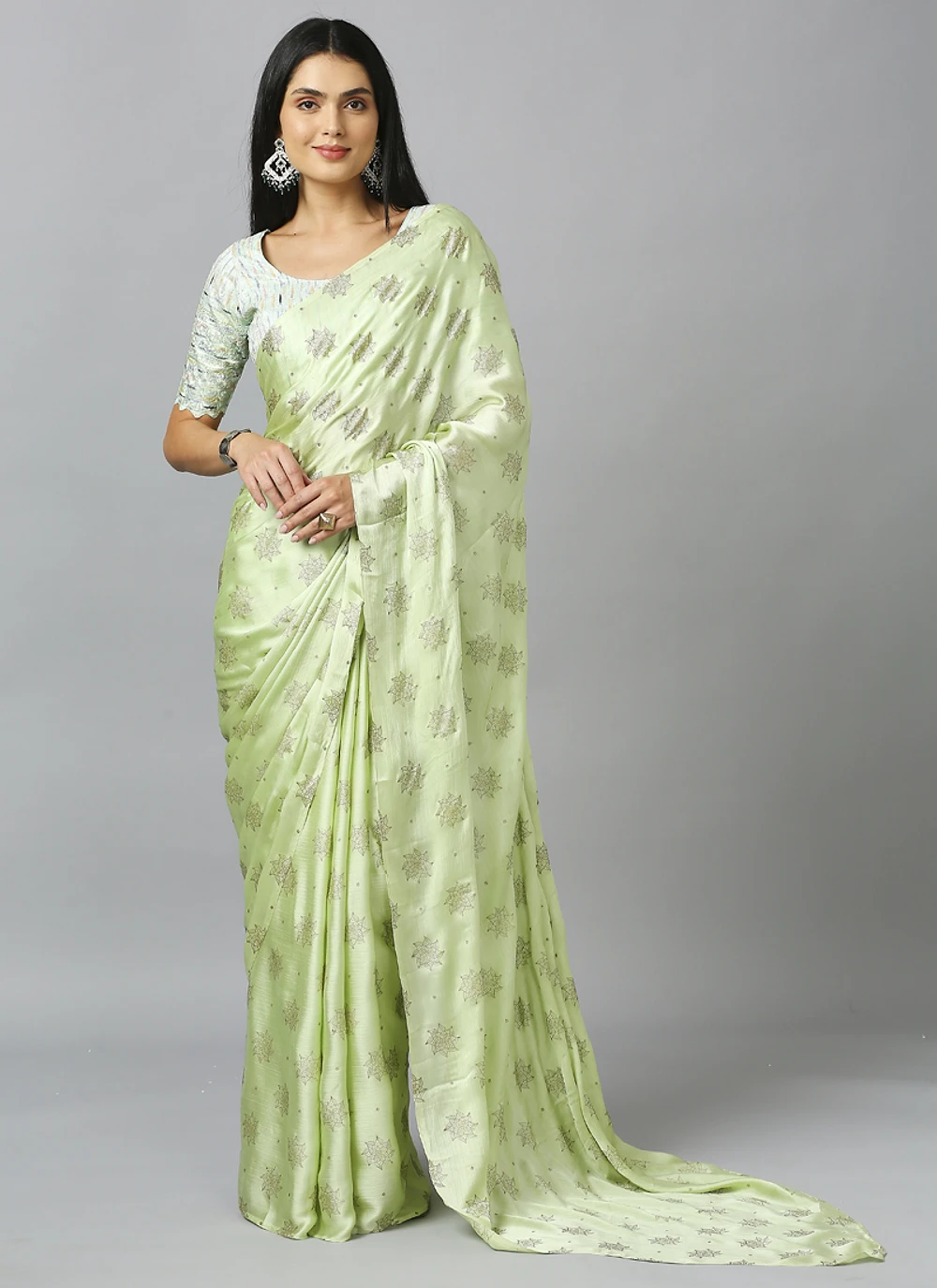 Light Green Embellished Ethnic Motifs Pure Chiffon Saree With Blouse — view 1