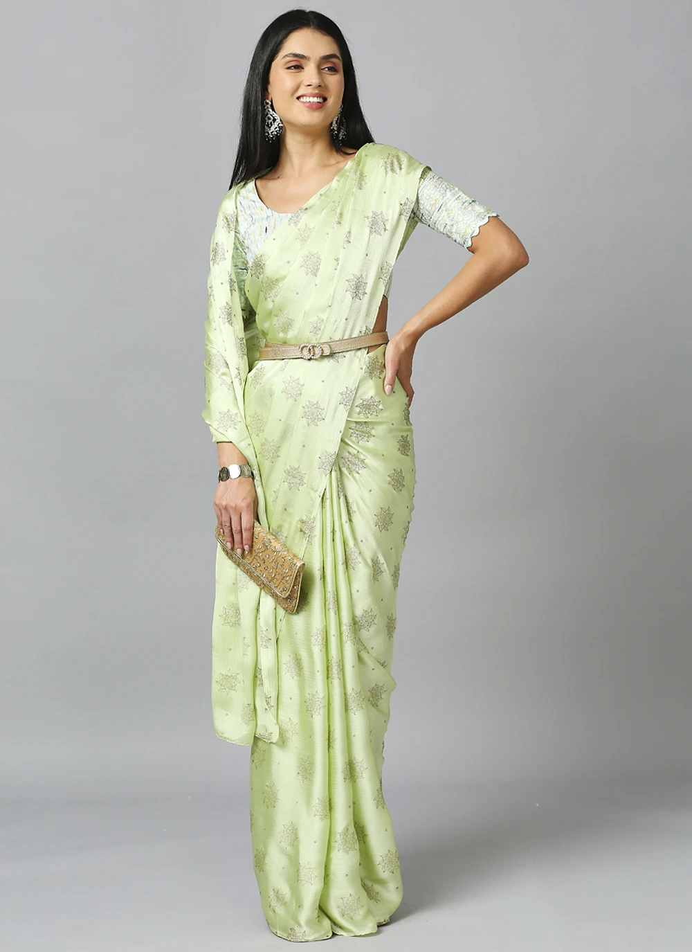 Light Green Embellished Ethnic Motifs Pure Chiffon Saree With Blouse — view 2