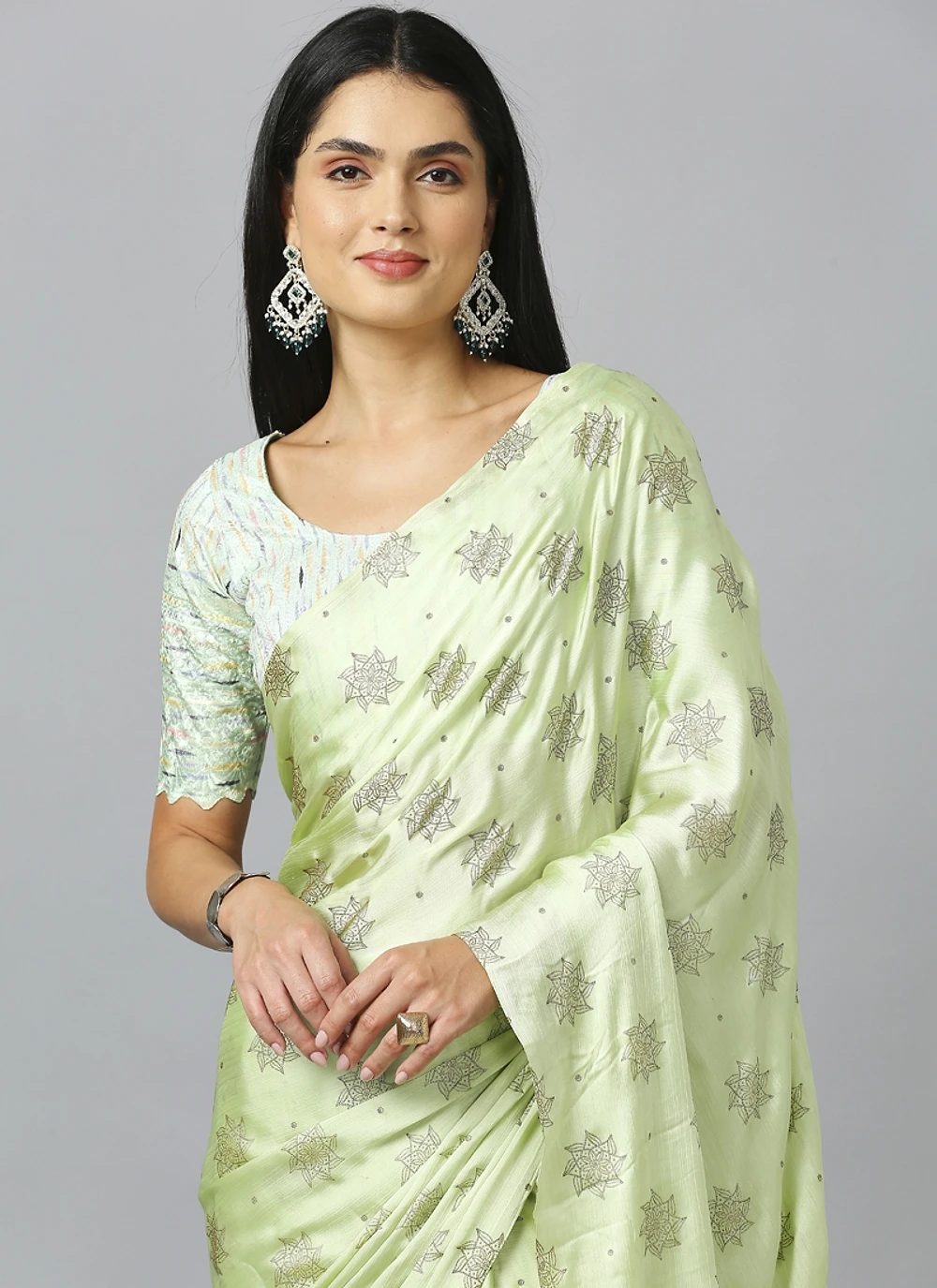 Light Green Embellished Ethnic Motifs Pure Chiffon Saree With Blouse — view 5