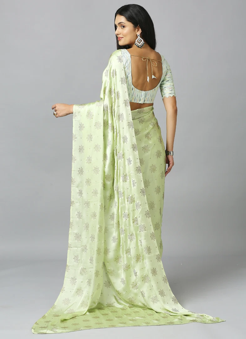 Light Green Embellished Ethnic Motifs Pure Chiffon Saree With Blouse
