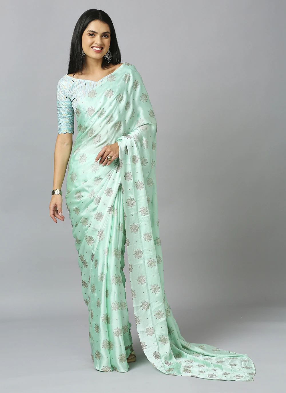 Sea Green Ethnic Motif Pure Chiffon Saree With Blouse — view 1