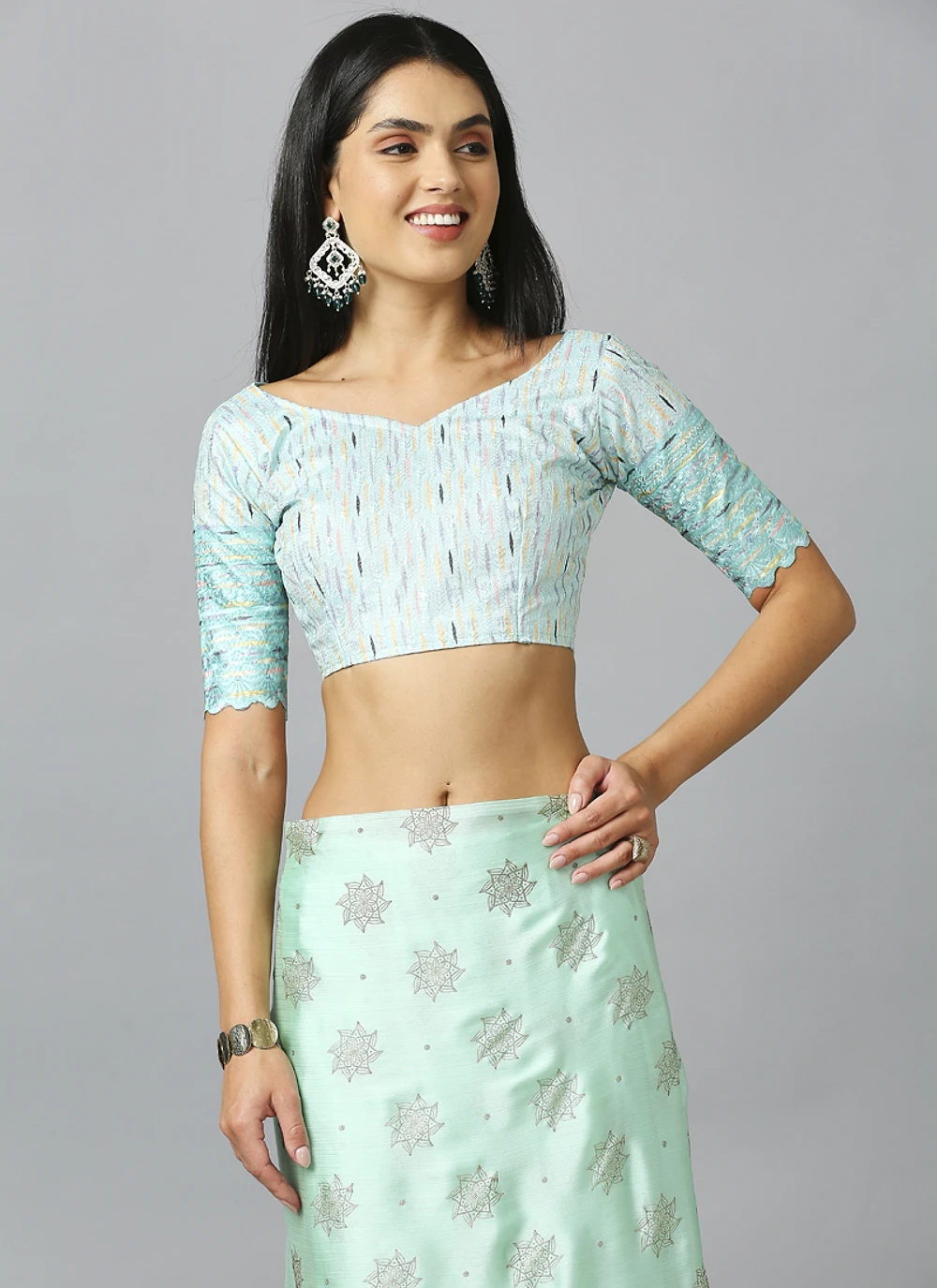 Sea Green Ethnic Motif Pure Chiffon Saree With Blouse — view 4
