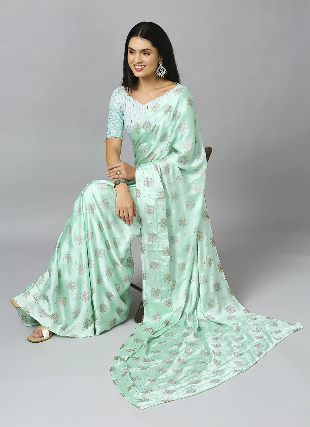 Sea Green Ethnic Motif Pure Chiffon Saree With Blouse — view 2