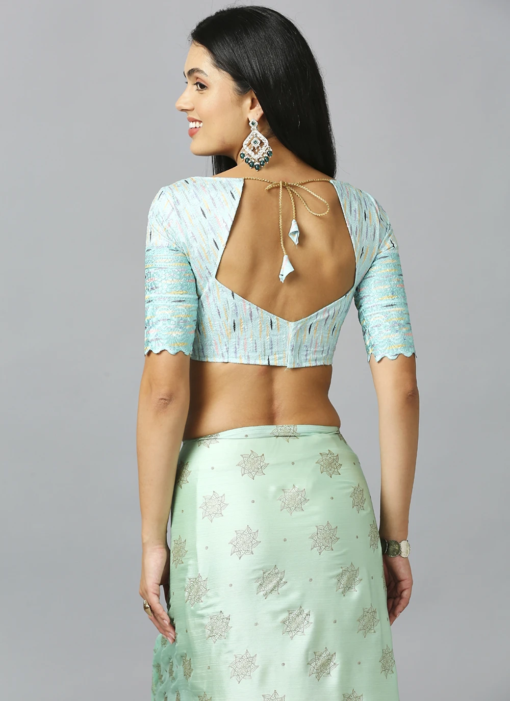 Sea Green Ethnic Motif Pure Chiffon Saree With Blouse — view 5
