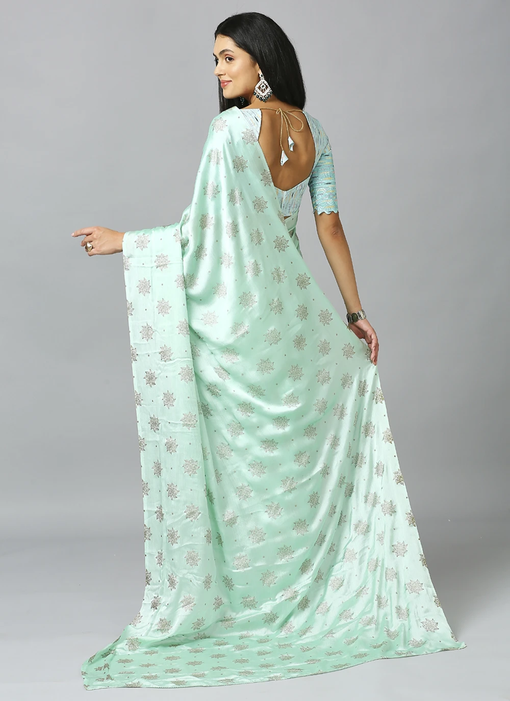 Sea Green Ethnic Motif Pure Chiffon Saree With Blouse — view 3