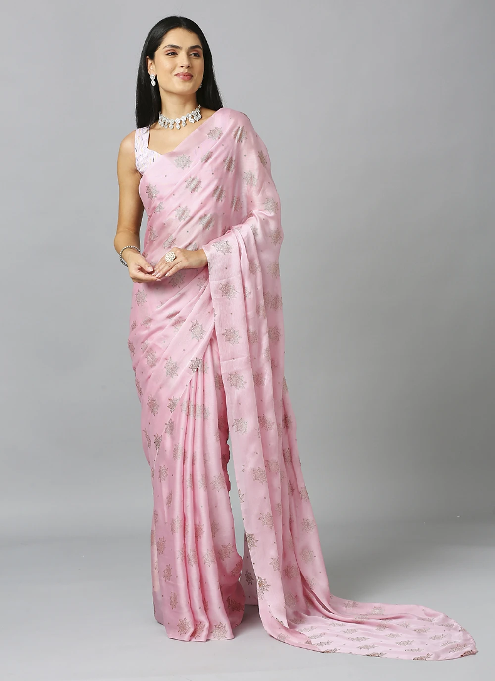 Pink Ethnic Schiffli Pure Chiffon Saree With Blouse — view 1
