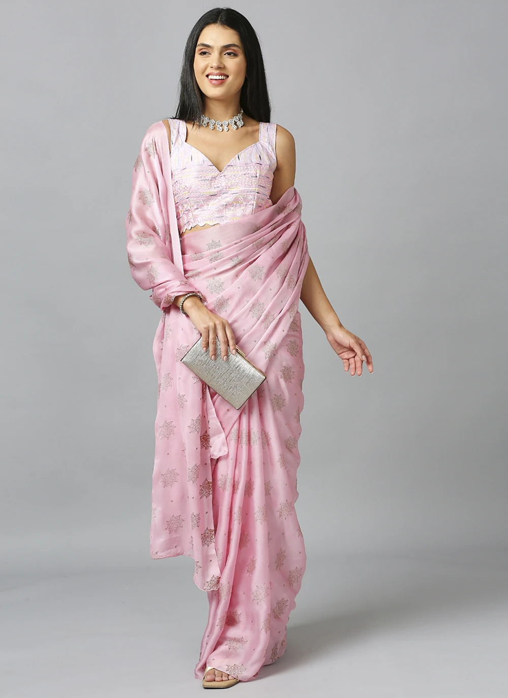 Pink Ethnic Schiffli Pure Chiffon Saree With Blouse — view 2
