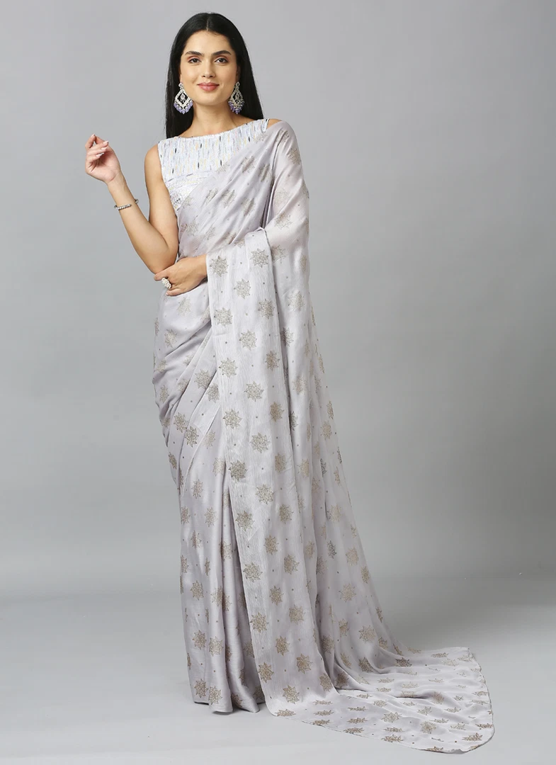 Silver Ethnic Floral Pure Chiffon Saree With Blouse