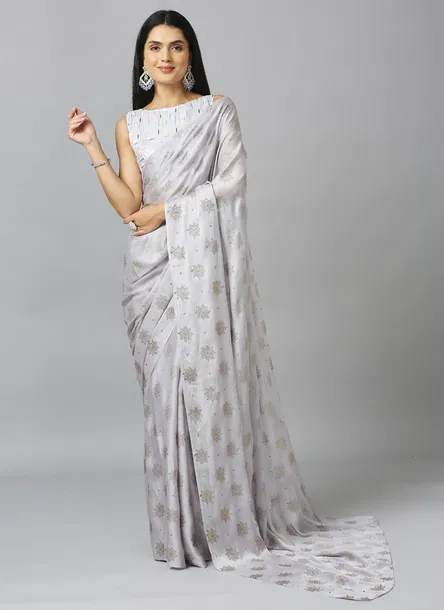 Silver Ethnic Floral Pure Chiffon Saree With Blouse