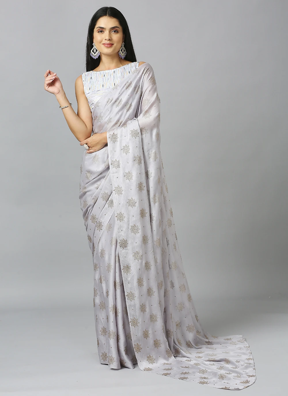 Silver Ethnic Floral Pure Chiffon Saree With Blouse — view 1