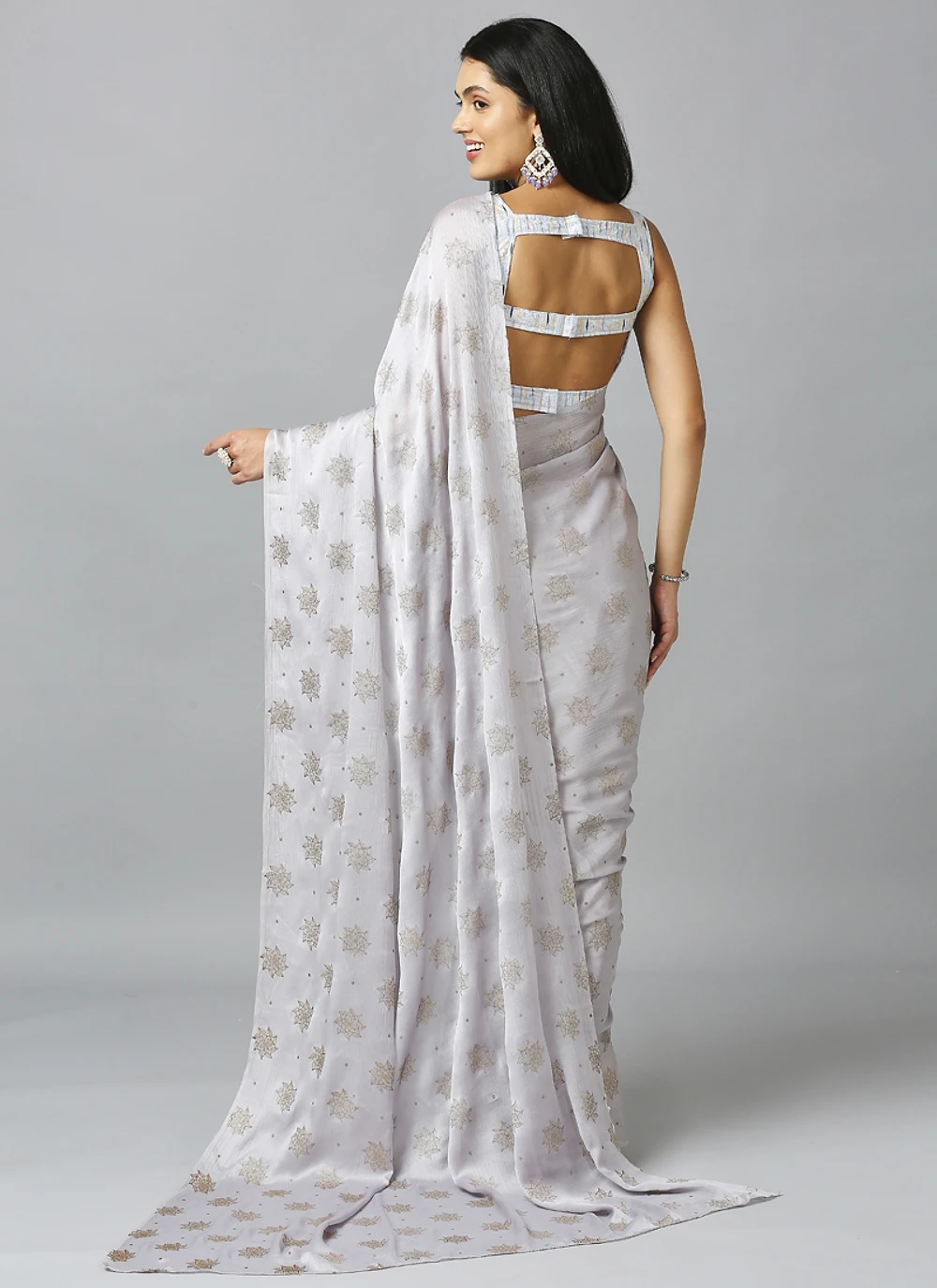 Silver Ethnic Floral Pure Chiffon Saree With Blouse — view 3