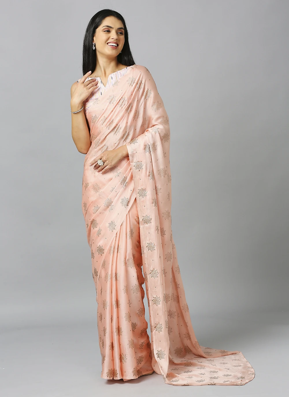 Peach Ethnic Motifs Pure Chiffon Saree With Blouse — view 1