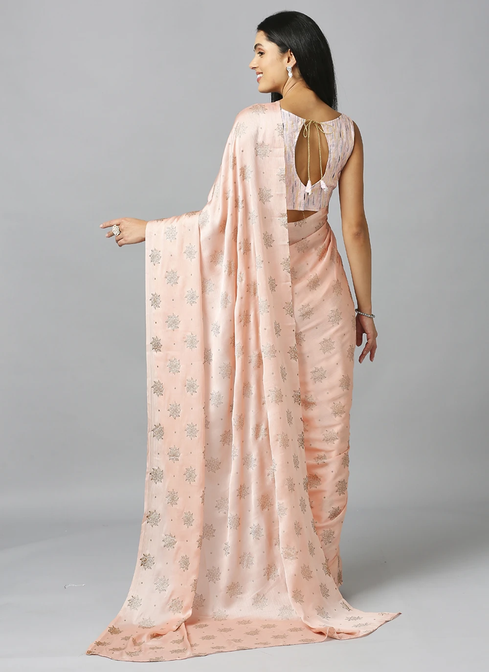 Peach Ethnic Motifs Pure Chiffon Saree With Blouse — view 3