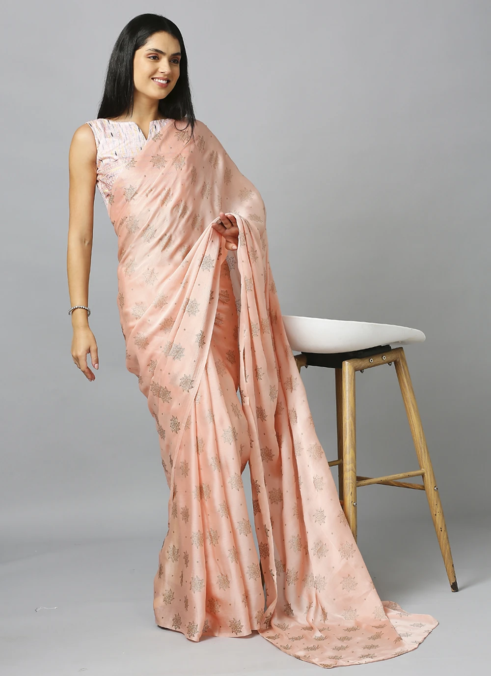 Peach Ethnic Motifs Pure Chiffon Saree With Blouse — view 2