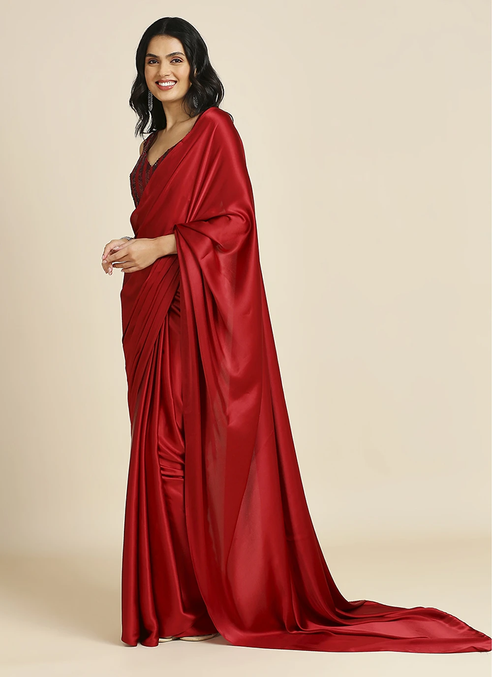 Red Silk Blend Saree With Lycra Sequins Unstitch Blouse — view 1