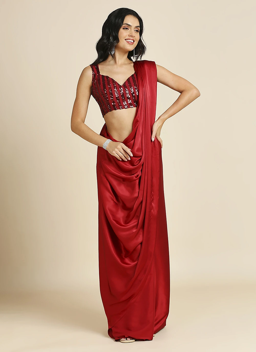 Red Silk Blend Saree With Lycra Sequins Unstitch Blouse — view 4
